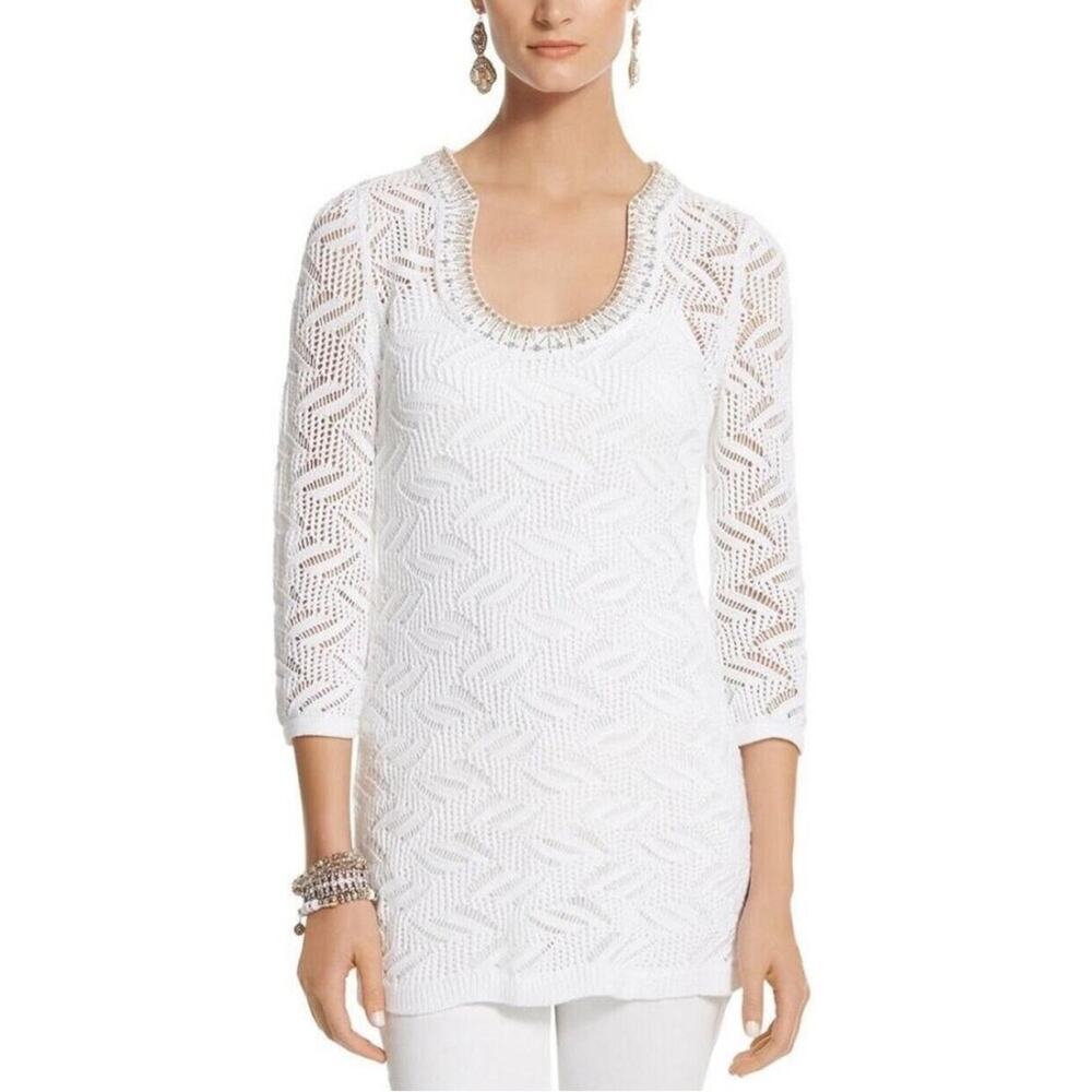 White House Black Market White Crochet Knit Scoop Neck Sweater